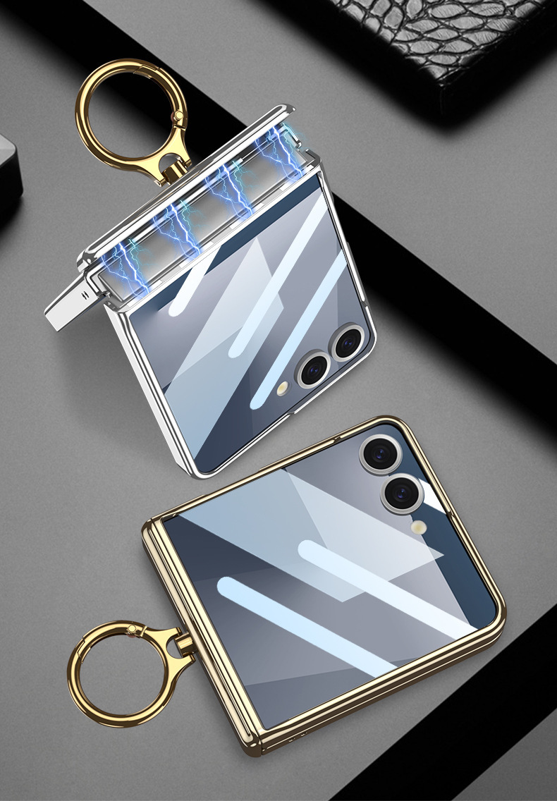 Compatible with Samsung Z Flip7/8 phone case, transparent electroplated magnetic hinge ring case, Flip7SE protective case.