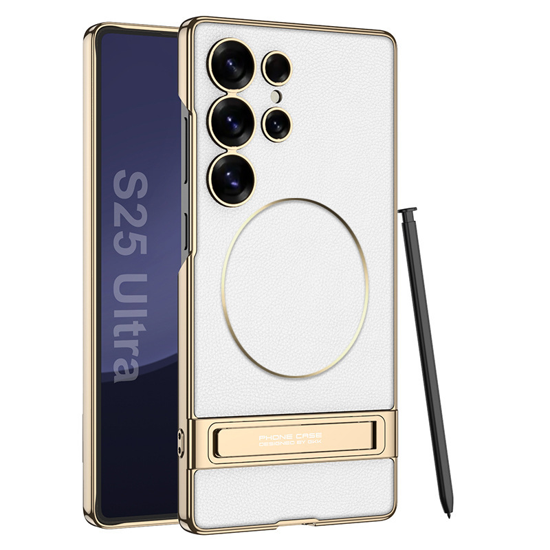 New S25 Ultra phone case, S24U electroplated leather stand, Magsafe inner magnetic nickel ring protective case