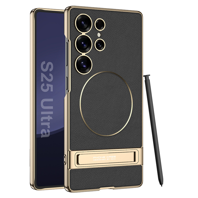 New S25 Ultra phone case, S24U electroplated leather stand, Magsafe inner magnetic nickel ring protective case