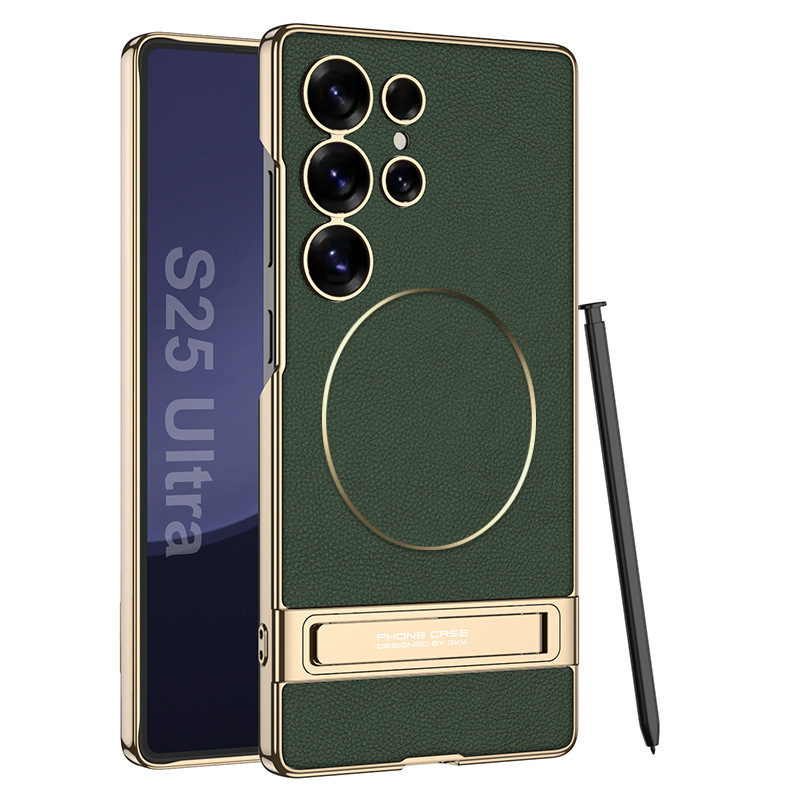 New S25 Ultra phone case, S24U electroplated leather stand, Magsafe inner magnetic nickel ring protective case