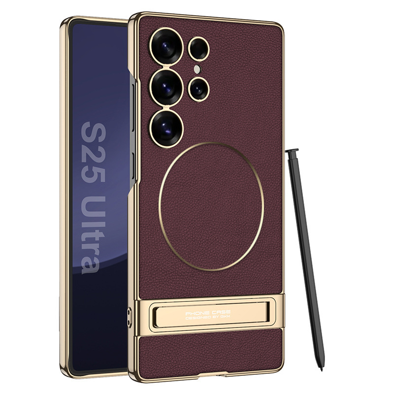 New S25 Ultra phone case, S24U electroplated leather stand, Magsafe inner magnetic nickel ring protective case