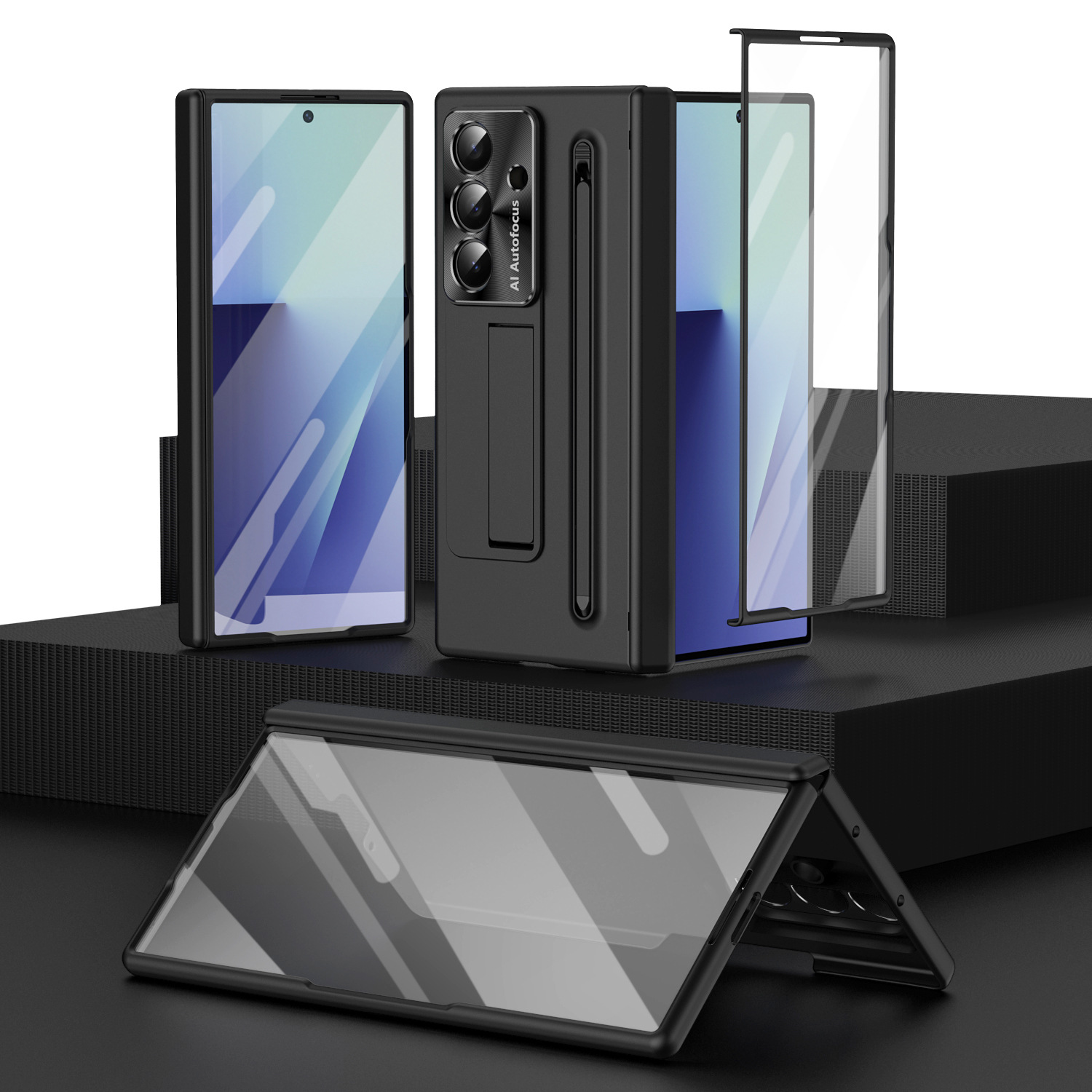 TriFold case with pen, stand, screen protector, and hinge for Samsung Z Fold 8/7/6 phones, providing full coverage protection.