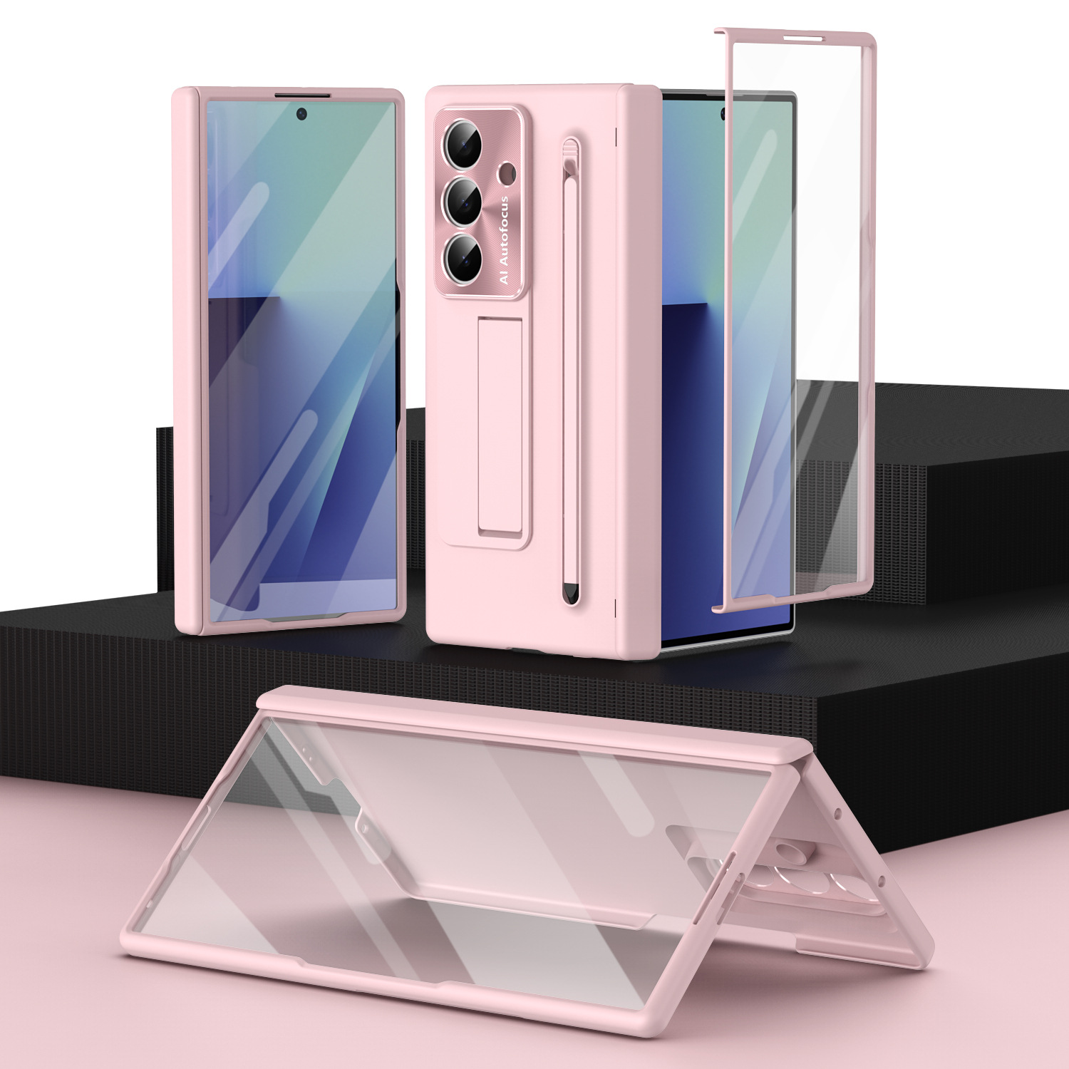 TriFold case with pen, stand, screen protector, and hinge for Samsung Z Fold 8/7/6 phones, providing full coverage protection.
