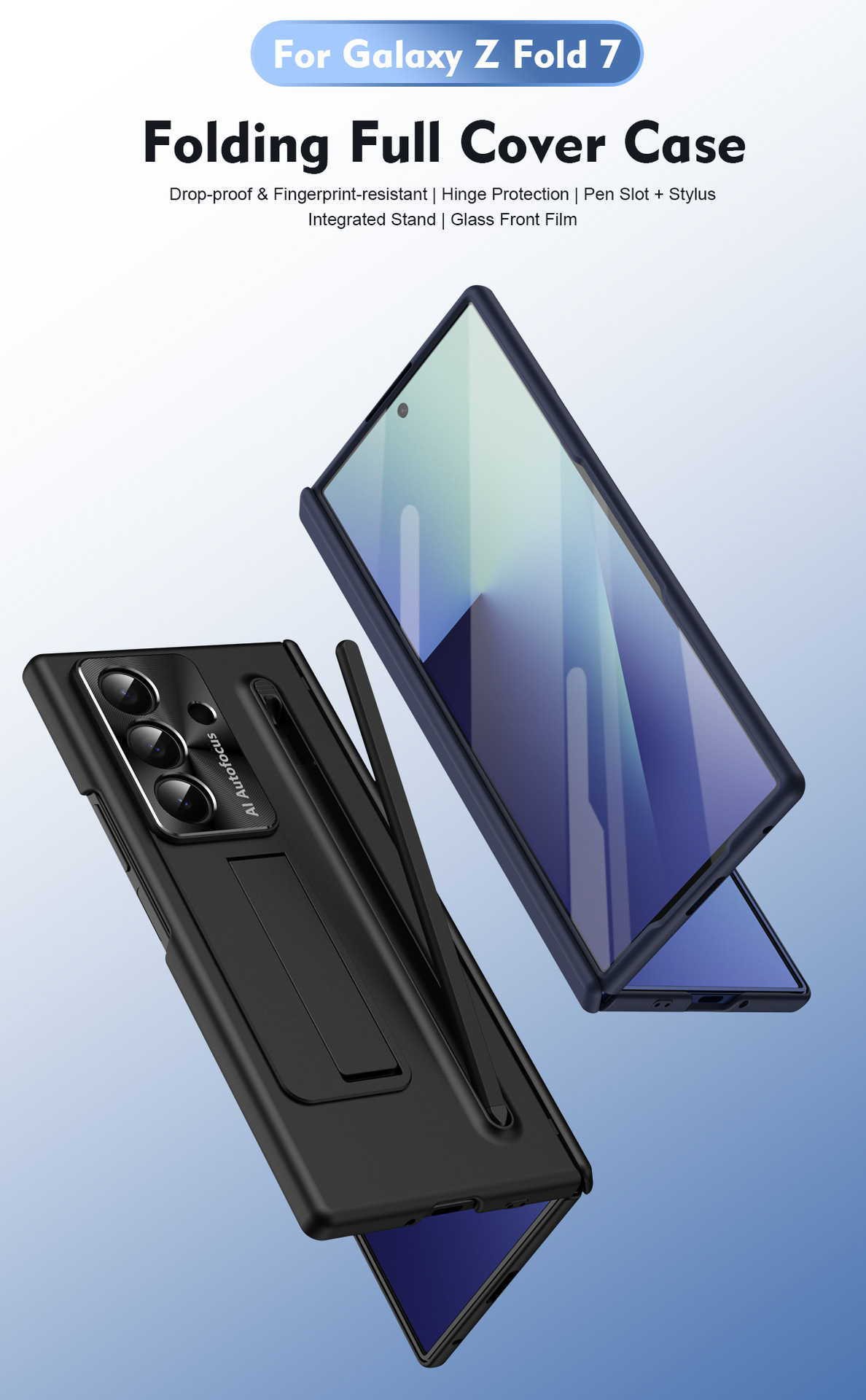 TriFold case with pen, stand, screen protector, and hinge for Samsung Z Fold 8/7/6 phones, providing full coverage protection.