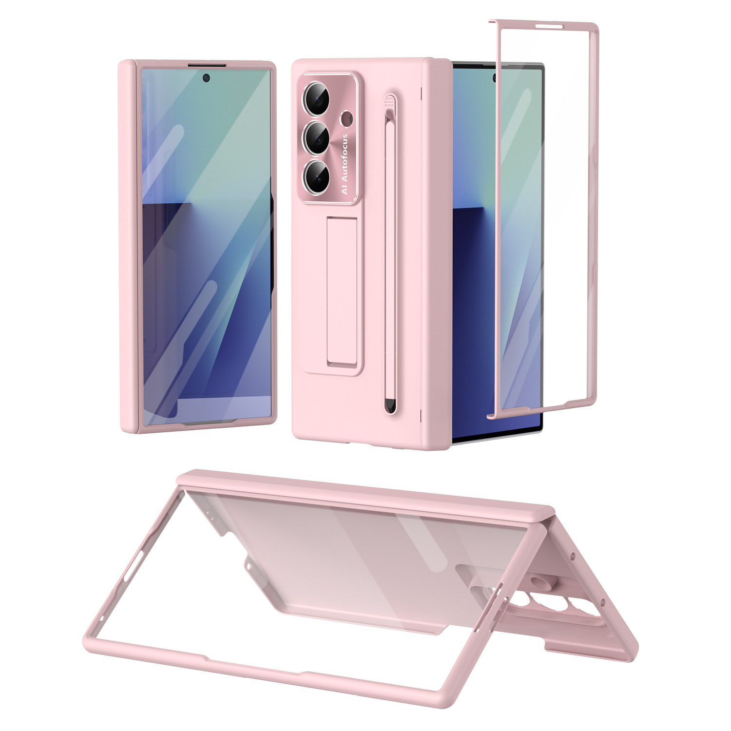 TriFold case with pen, stand, screen protector, and hinge for Samsung Z Fold 8/7/6 phones, providing full coverage protection.