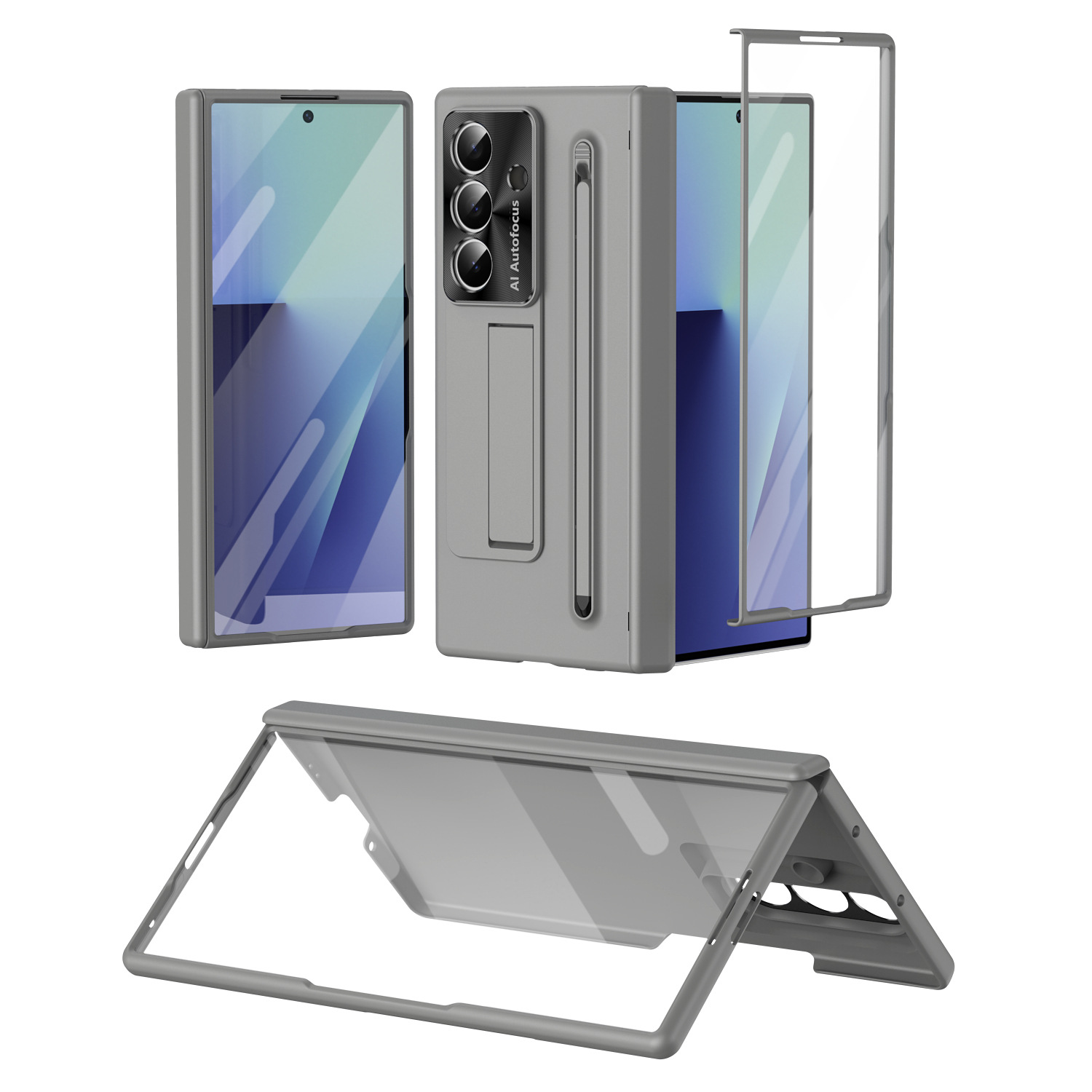 TriFold case with pen, stand, screen protector, and hinge for Samsung Z Fold 8/7/6 phones, providing full coverage protection.