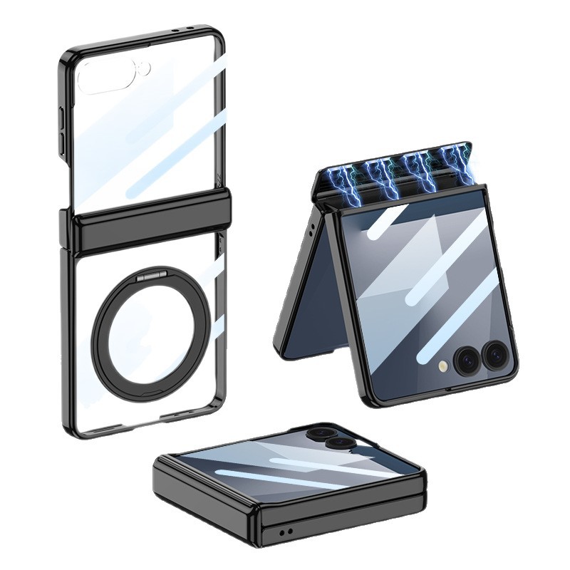 Compatible with Samsung Z Flip7 phone case, electroplated transparent magnetic rotating stand case film, full-coverage protective case for central axis.