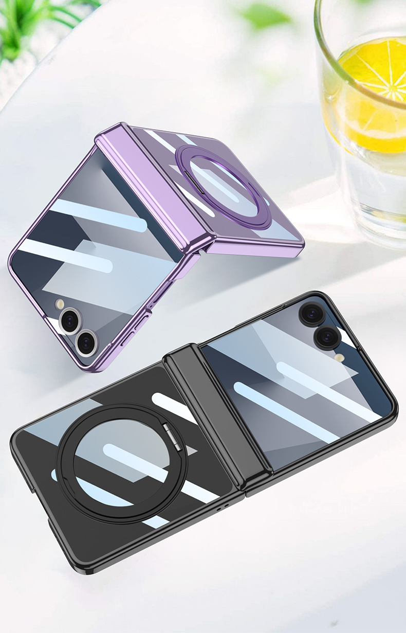 Compatible with Samsung Z Flip7 phone case, electroplated transparent magnetic rotating stand case film, full-coverage protective case for central axis.