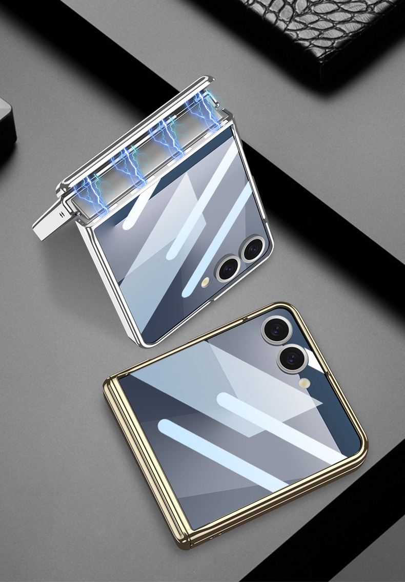 Compatible with Samsung Z Flip7 phone case, electroplated transparent magnetic rotating stand case film, full-coverage protective case for central axis.