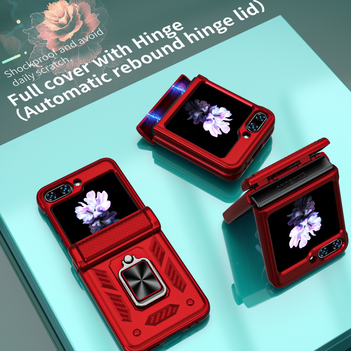 Compatible with Samsung ZFlip 8/7 phone case, 6/5 flip, 360° ring holder, hinge, drop-proof folding screen protective case