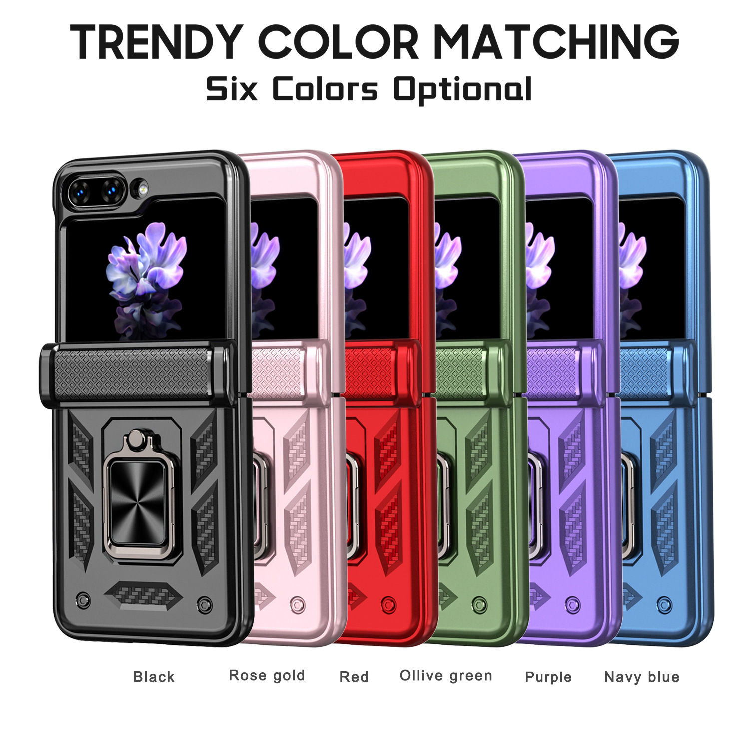 Compatible with Samsung ZFlip 8/7 phone case, 6/5 flip, 360° ring holder, hinge, drop-proof folding screen protective case