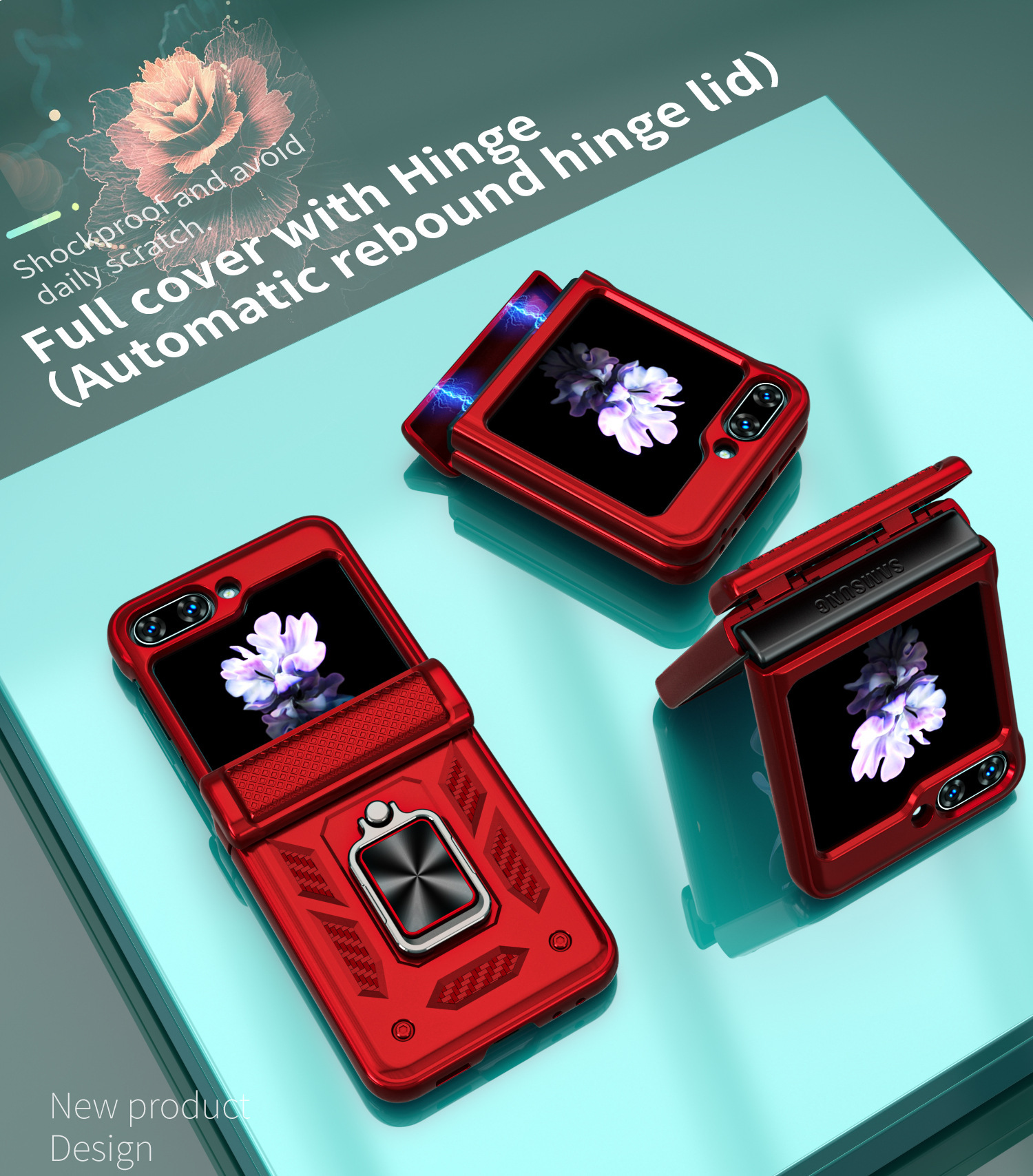 Compatible with Samsung ZFlip 8/7 phone case, 6/5 flip, 360° ring holder, hinge, drop-proof folding screen protective case