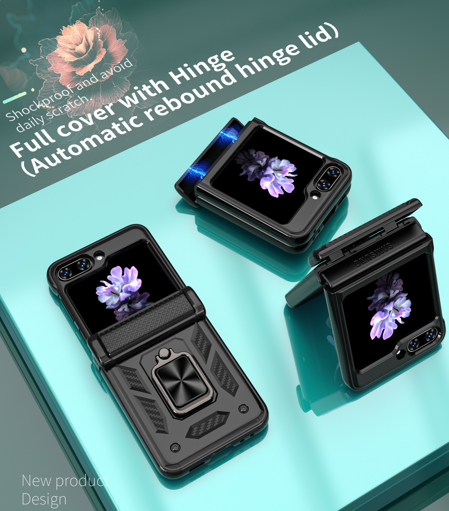 Compatible with Samsung ZFlip 8/7 phone case, 6/5 flip, 360° ring holder, hinge, drop-proof folding screen protective case