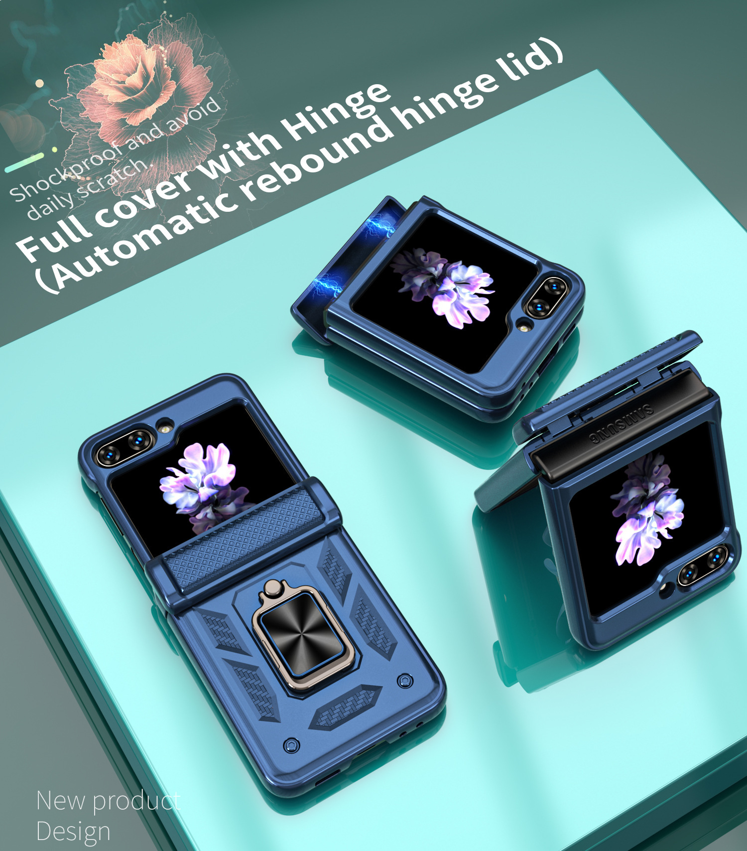 Compatible with Samsung ZFlip 8/7 phone case, 6/5 flip, 360° ring holder, hinge, drop-proof folding screen protective case