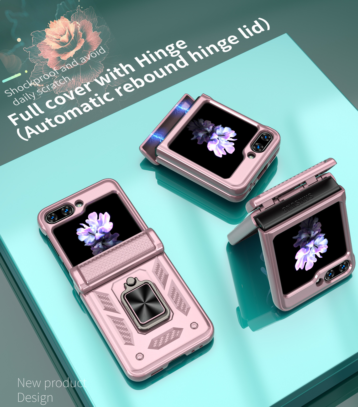 Compatible with Samsung ZFlip 8/7 phone case, 6/5 flip, 360° ring holder, hinge, drop-proof folding screen protective case