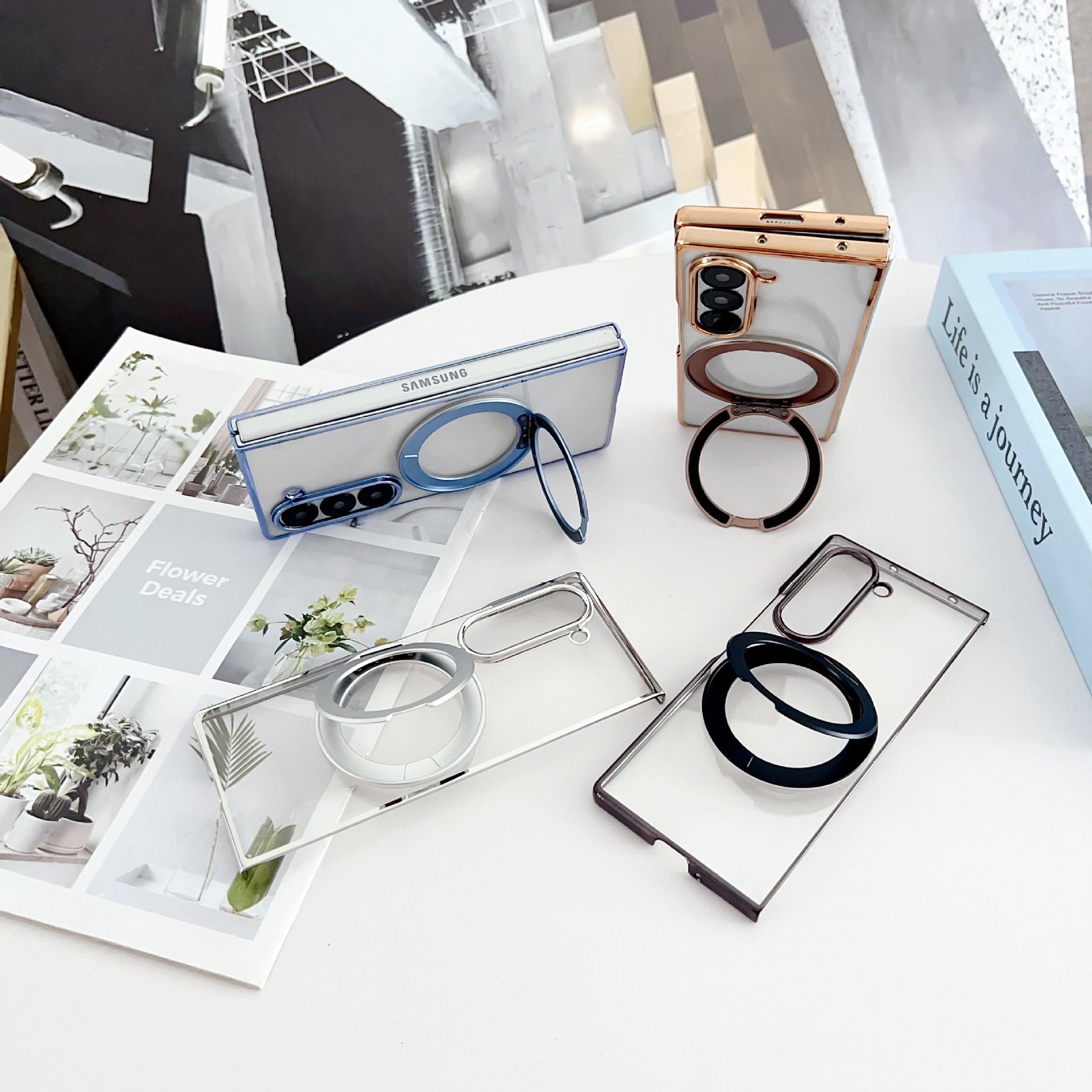 Compatible with Samsung Z Fold8/7/6 phone cases, 5/4/3 magnetic rotating stand, electroplated transparent ultra-thin protective case