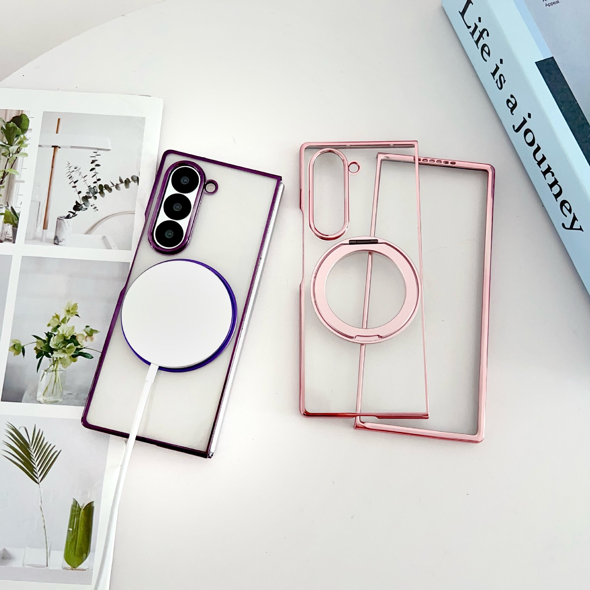 Compatible with Samsung Z Fold8/7/6 phone cases, 5/4/3 magnetic rotating stand, electroplated transparent ultra-thin protective case