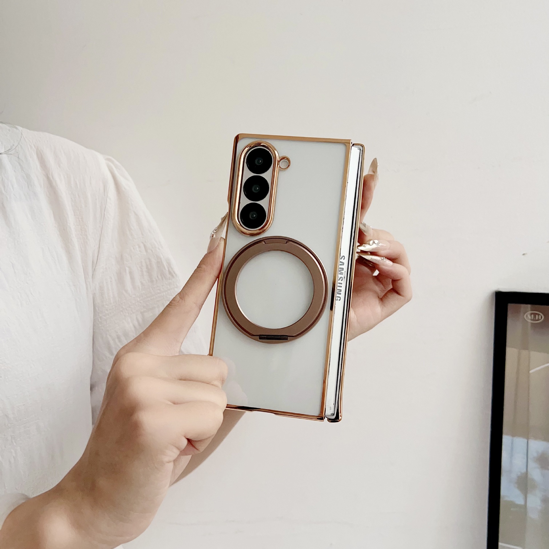Compatible with Samsung Z Fold8/7/6 phone cases, 5/4/3 magnetic rotating stand, electroplated transparent ultra-thin protective case