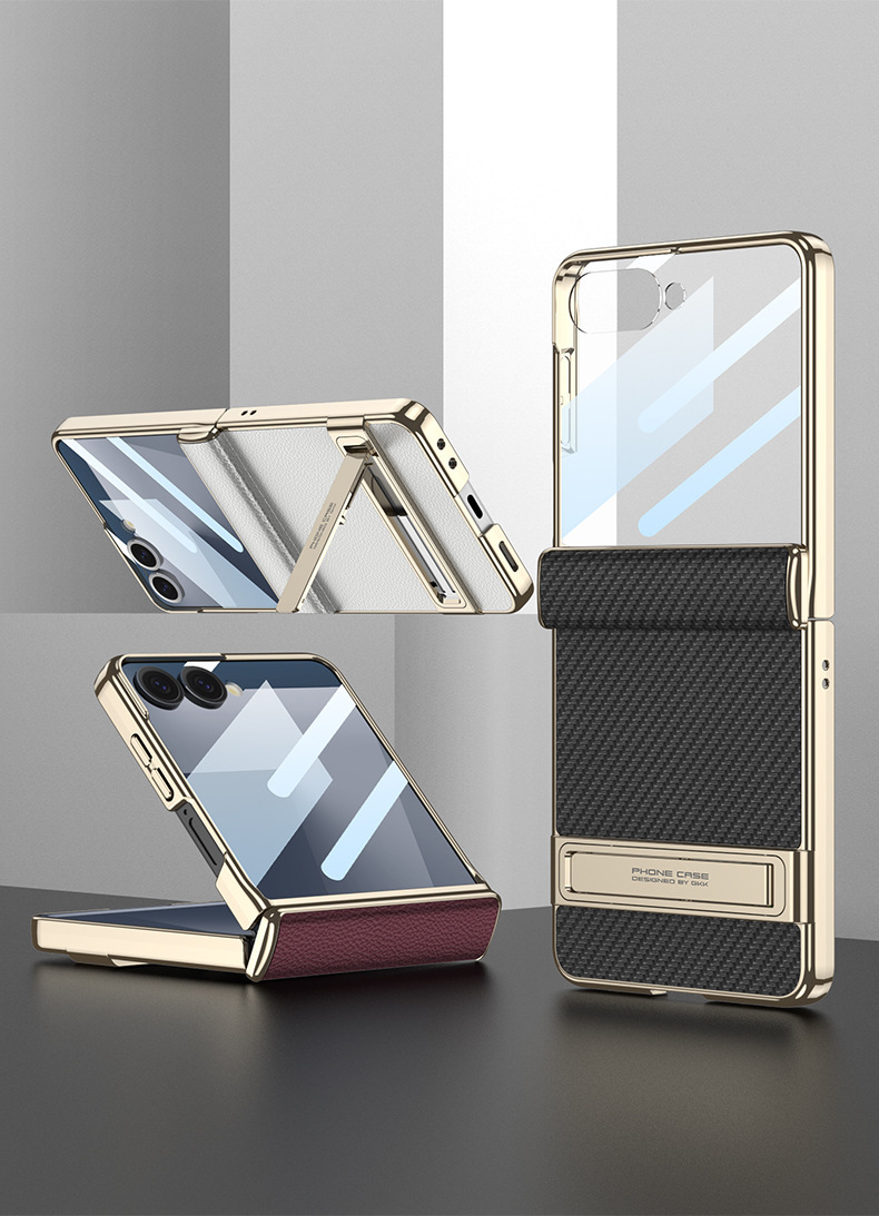 Compatible Samsung Z Flip7 phone case, electroplated leather, magnetic hinge, Triumph stand, full-coverage protective case.