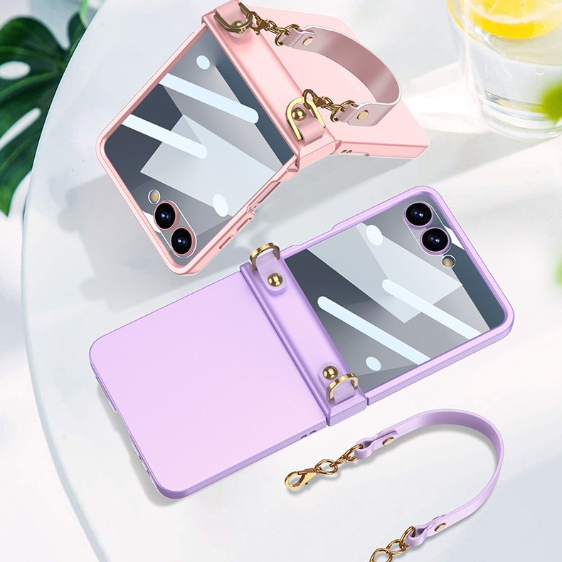Compatible with Samsung Z Flip 7 phone case, hinge, ultra-thin handbag case, full-coverage, stylish, portable, hard case with carrying strap.