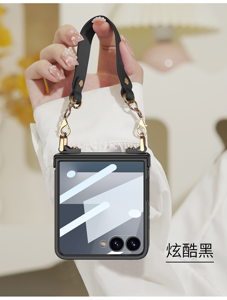 Compatible with Samsung Z Flip 7 phone case, hinge, ultra-thin handbag case, full-coverage, stylish, portable, hard case with carrying strap.