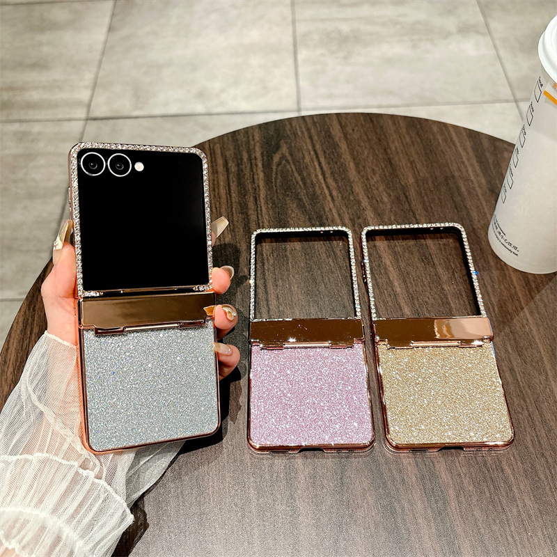 Compatible Samsung Z Flip 8/7 phone case with electroplated crystal glitter diamond hinge, full coverage, 6/5/4mm drop protection.