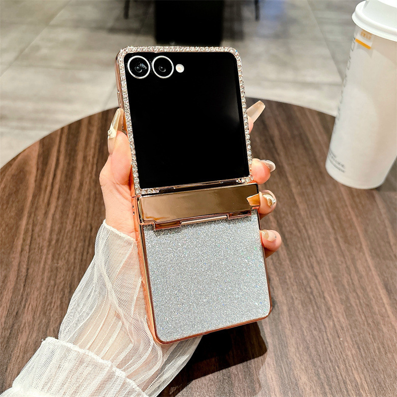 Compatible Samsung Z Flip 8/7 phone case with electroplated crystal glitter diamond hinge, full coverage, 6/5/4mm drop protection.