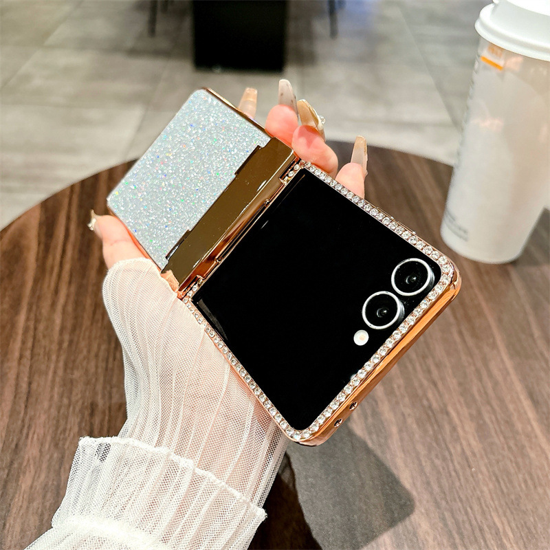 Compatible Samsung Z Flip 8/7 phone case with electroplated crystal glitter diamond hinge, full coverage, 6/5/4mm drop protection.
