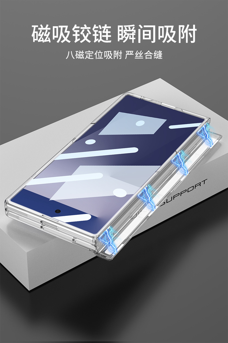 Compatible with Samsung ZFold7 transparent phone case, magnetic hinge, wireless charging, rotating stand, full-coverage protective case.