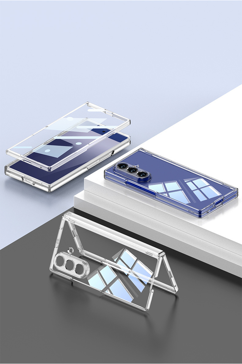 Compatible with Samsung ZFold7 transparent phone case, magnetic hinge, wireless charging, rotating stand, full-coverage protective case.