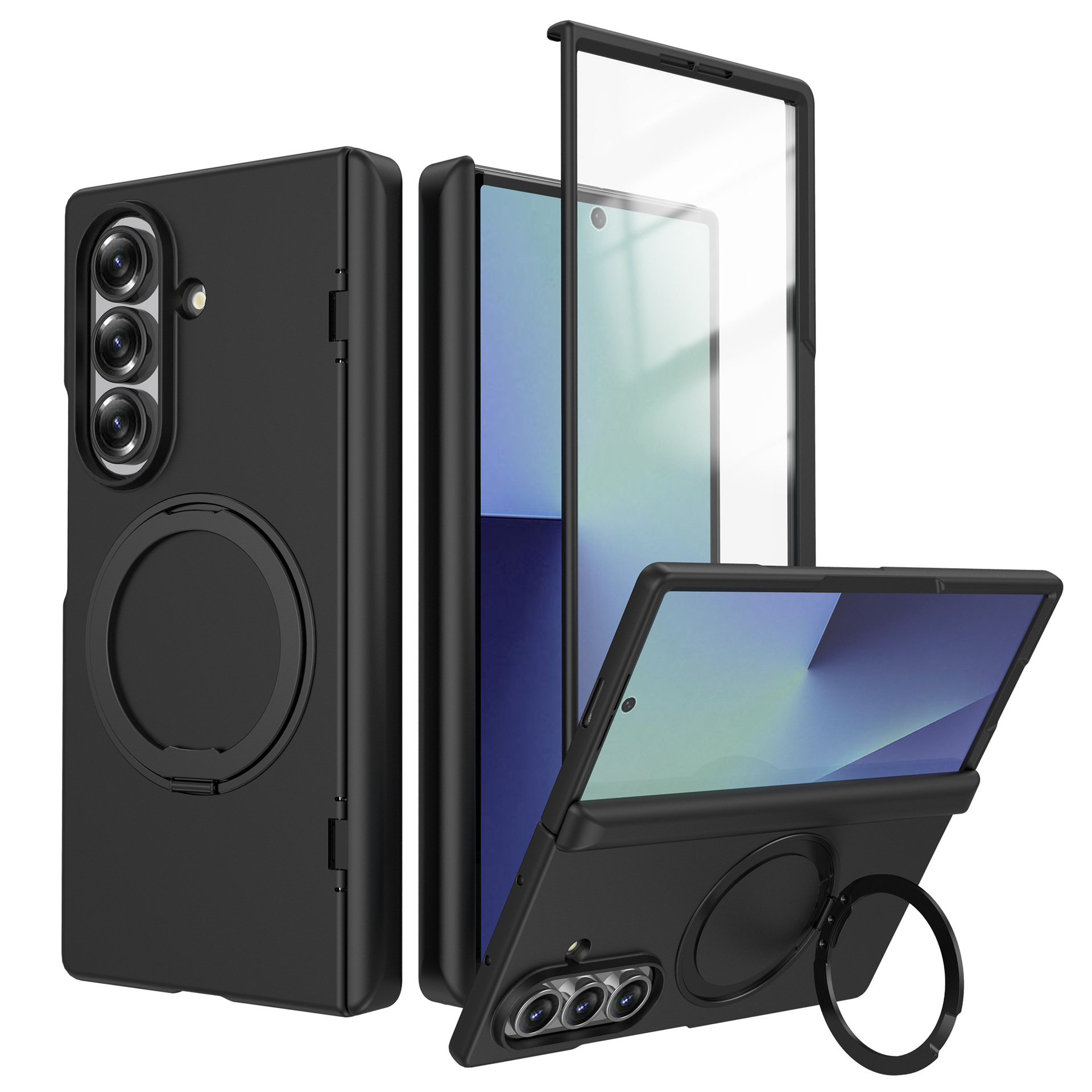 Compatible with Samsung Z Fold7/6 phone case, magnetic 360° rotating stand, spring hinge, full-coverage protective case.