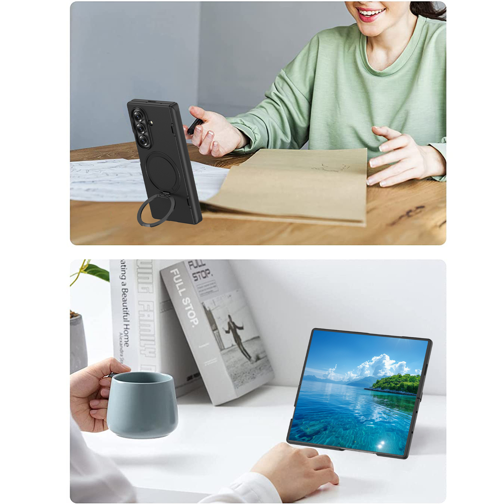 Compatible with Samsung Z Fold7/6 phone case, magnetic 360° rotating stand, spring hinge, full-coverage protective case.