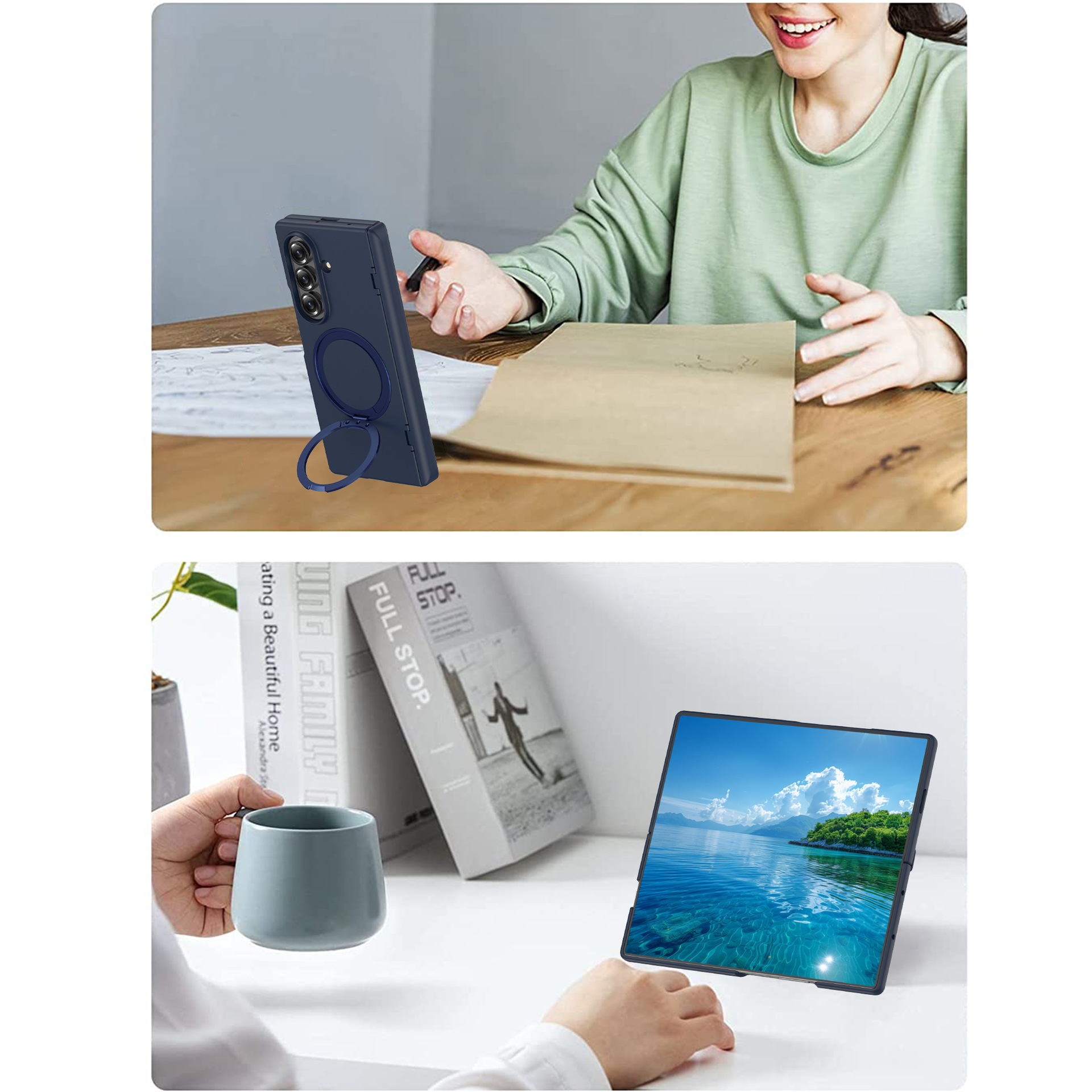 Compatible with Samsung Z Fold7/6 phone case, magnetic 360° rotating stand, spring hinge, full-coverage protective case.