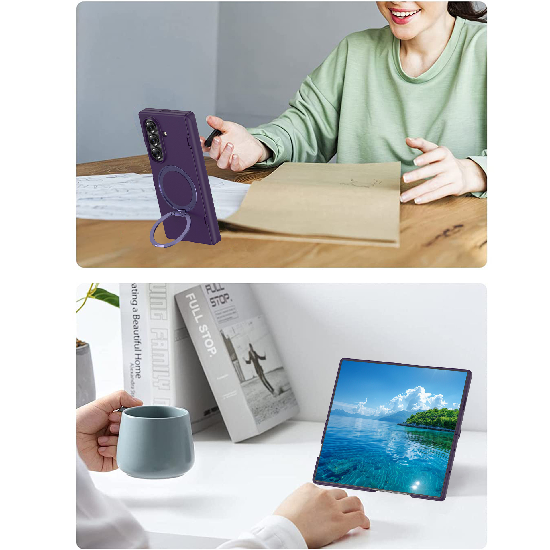 Compatible with Samsung Z Fold7/6 phone case, magnetic 360° rotating stand, spring hinge, full-coverage protective case.
