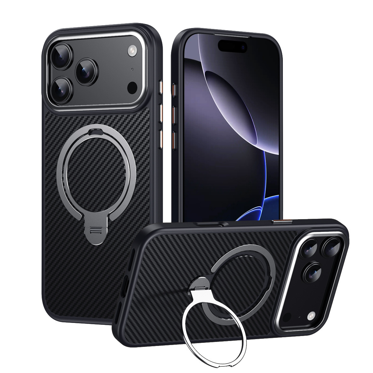 Compatible with Apple 17 Air, 16 Pro Max magnetic rotating stand, 15 Plus carbon fiber textured protective case, 14