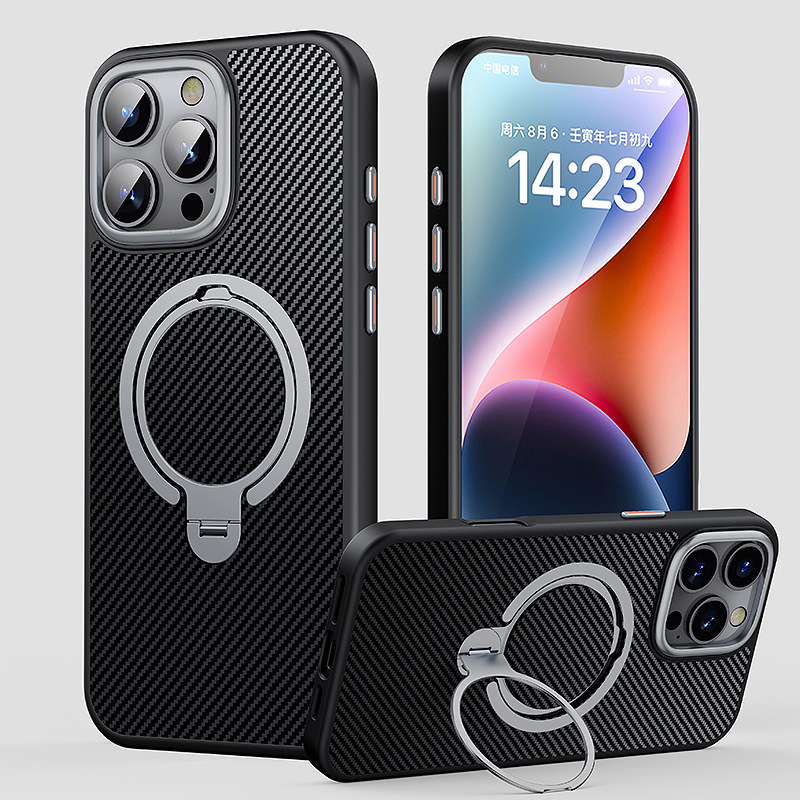 Compatible with Apple 17 Air, 16 Pro Max magnetic rotating stand, 15 Plus carbon fiber textured protective case, 14
