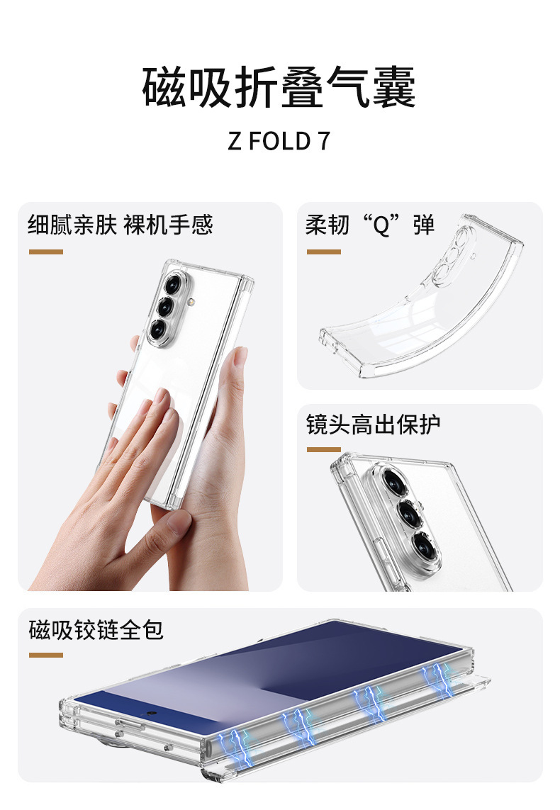 Compatible with Samsung Z Fold7 phone case, magnetic center axis protection, transparent airbag drop-proof folding screen protective case