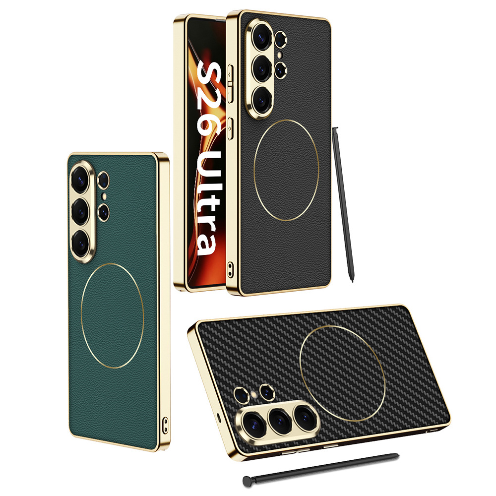 Compatible with Samsung S26 Ultra phone case, S25U electroplated leather, S24U inner magnetic nickel ring wireless charging protective case