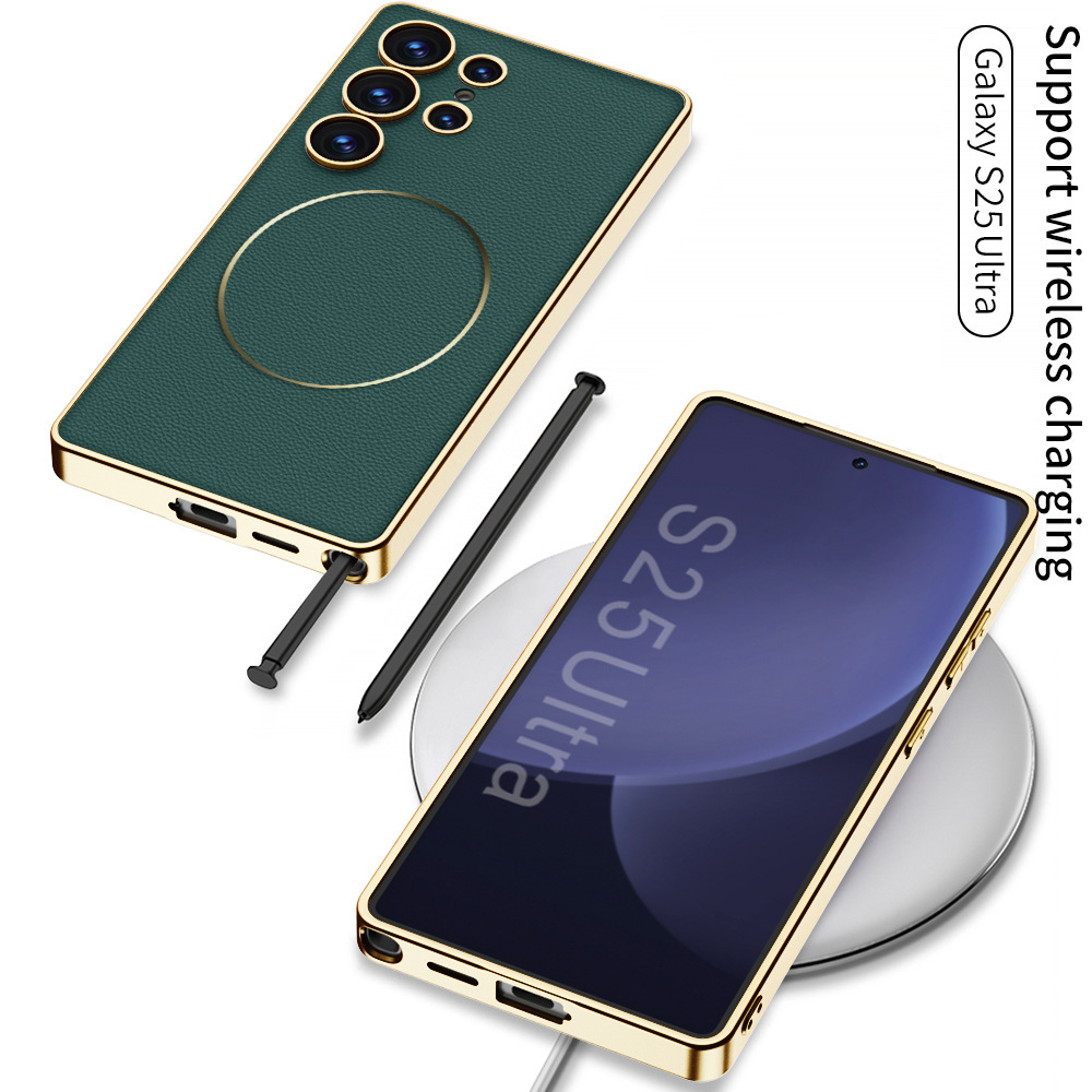 Compatible with Samsung S26 Ultra phone case, S25U electroplated leather, S24U inner magnetic nickel ring wireless charging protective case