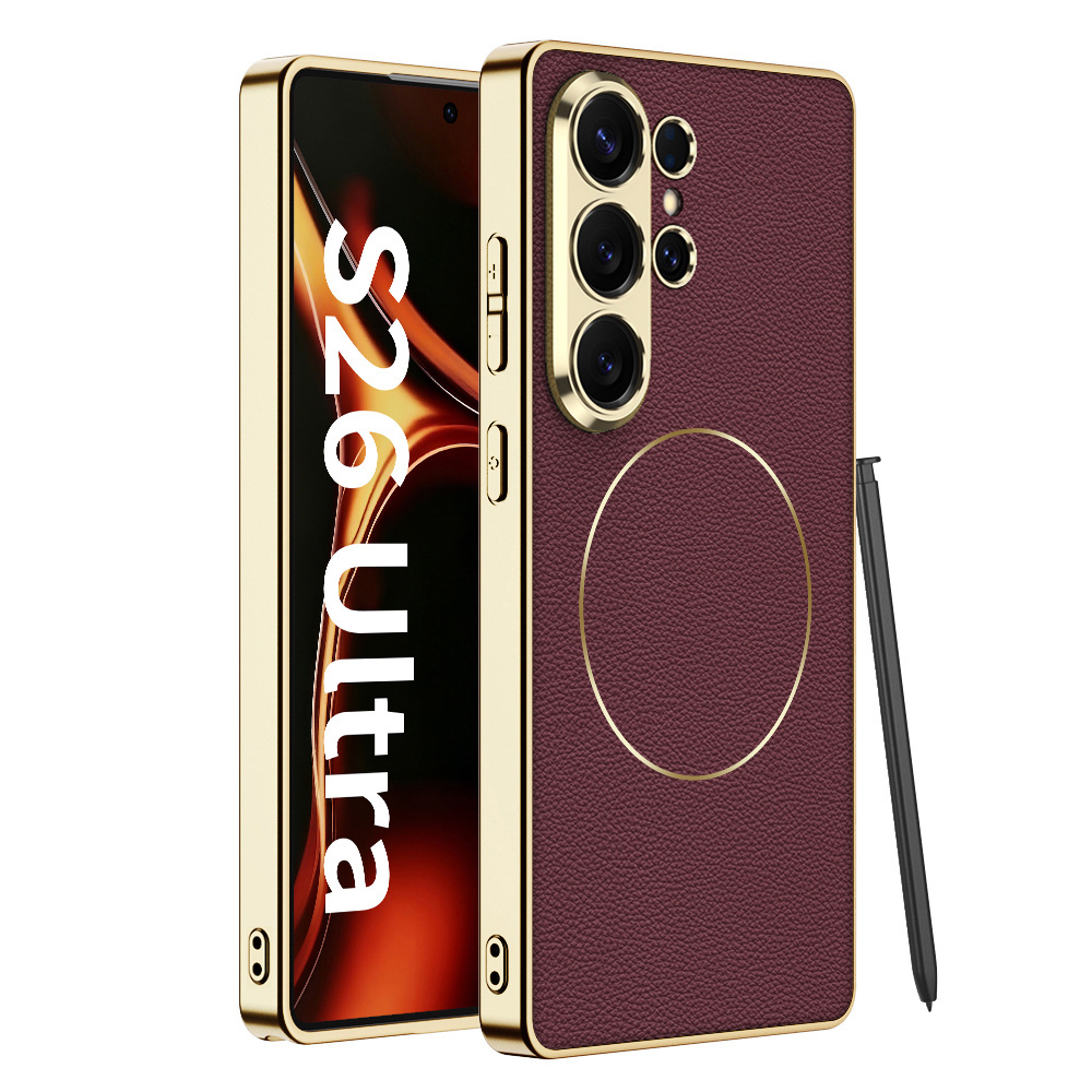 Compatible with Samsung S26 Ultra phone case, S25U electroplated leather, S24U inner magnetic nickel ring wireless charging protective case