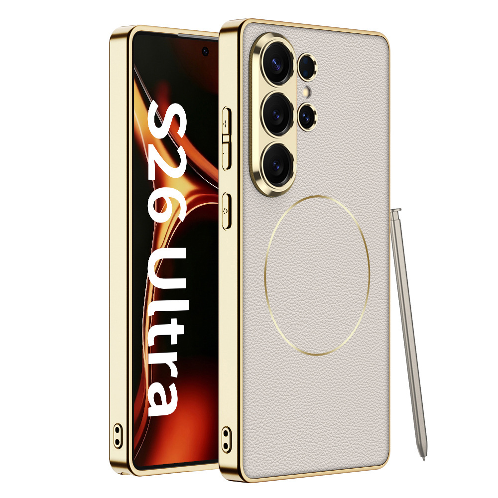 Compatible with Samsung S26 Ultra phone case, S25U electroplated leather, S24U inner magnetic nickel ring wireless charging protective case