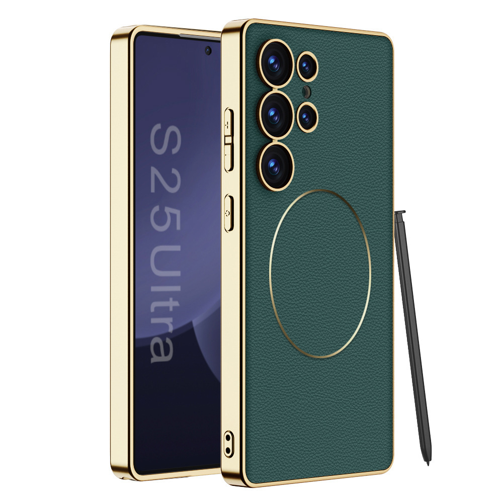 Compatible with Samsung S26 Ultra phone case, S25U electroplated leather, S24U inner magnetic nickel ring wireless charging protective case