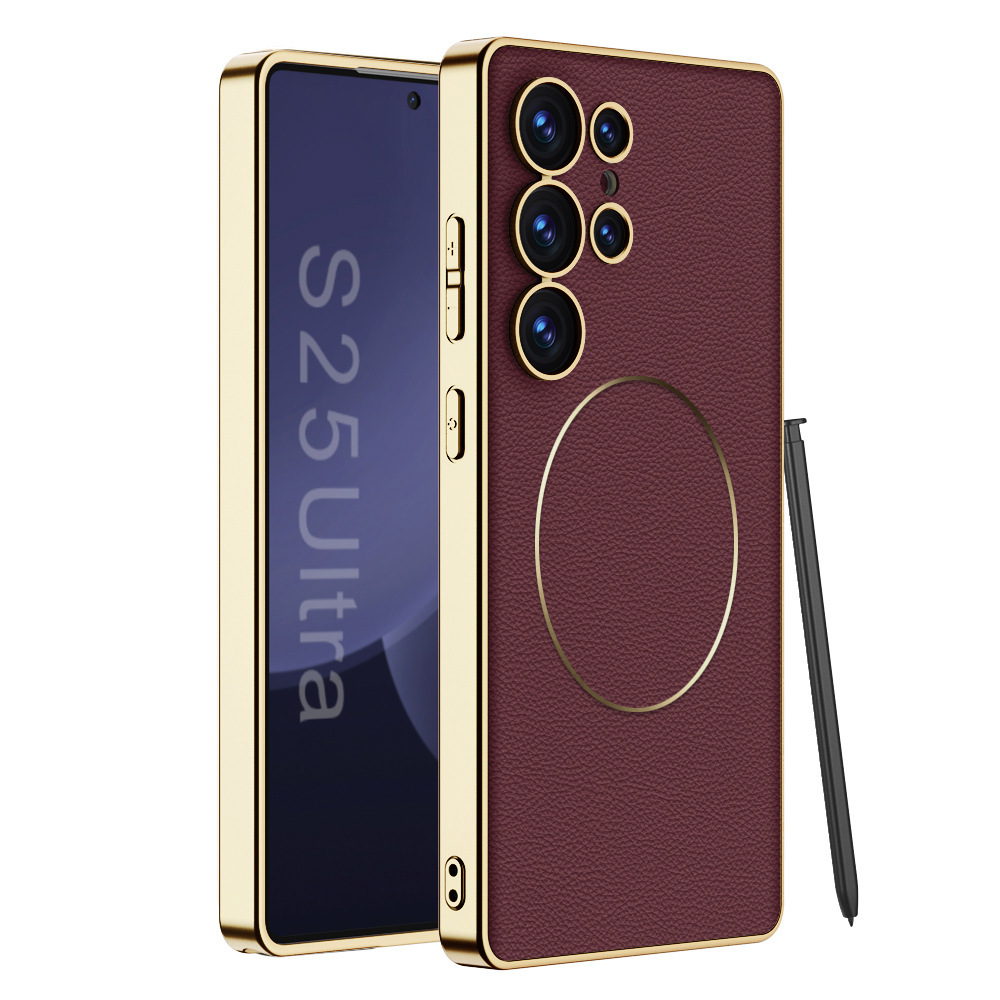 Compatible with Samsung S26 Ultra phone case, S25U electroplated leather, S24U inner magnetic nickel ring wireless charging protective case