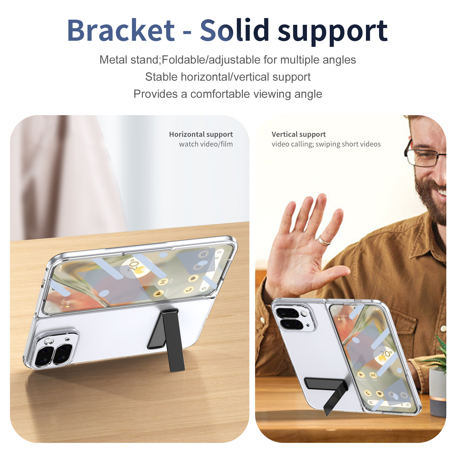 Transparent case, stand, screen protector, and drop protection for Google Pixel 10/9 Pro Fold phones.