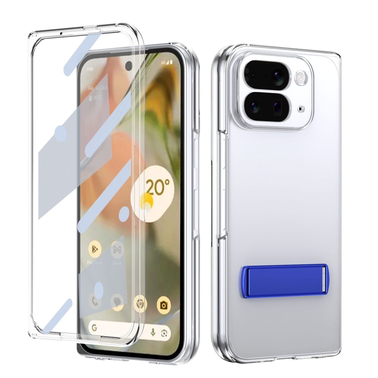 Transparent case, stand, screen protector, and drop protection for Google Pixel 10/9 Pro Fold phones.