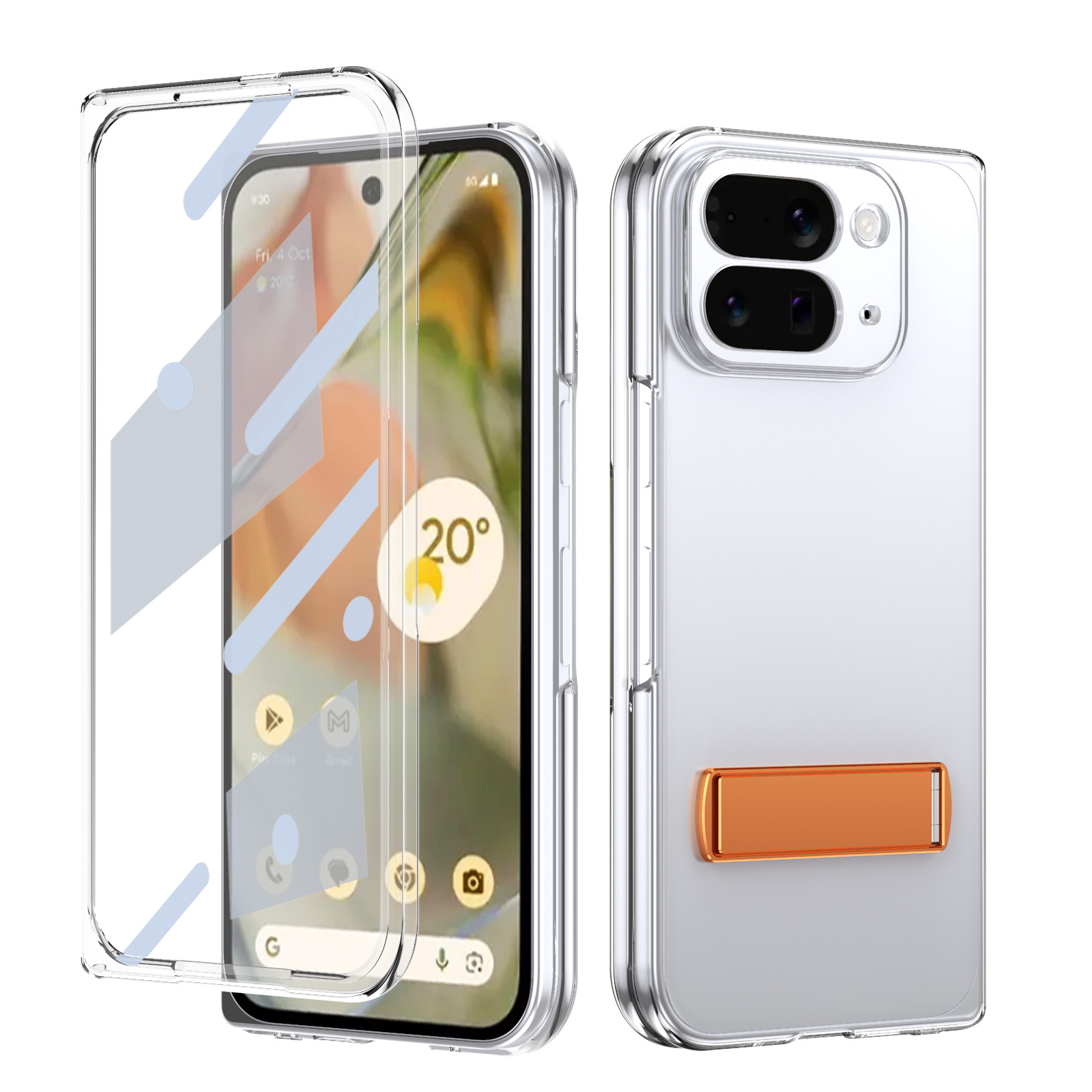 Transparent case, stand, screen protector, and drop protection for Google Pixel 10/9 Pro Fold phones.