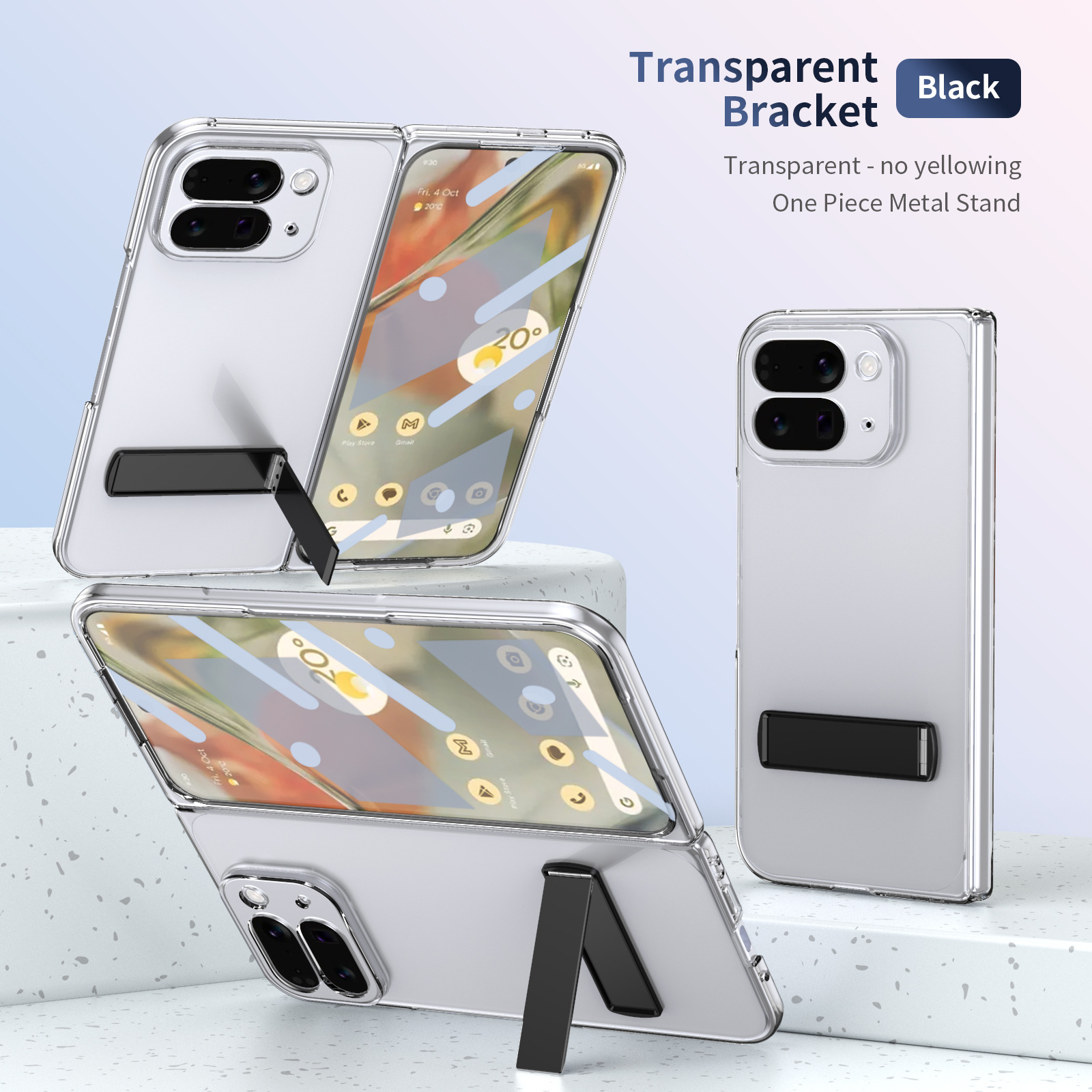 Transparent case, stand, screen protector, and drop protection for Google Pixel 10/9 Pro Fold phones.