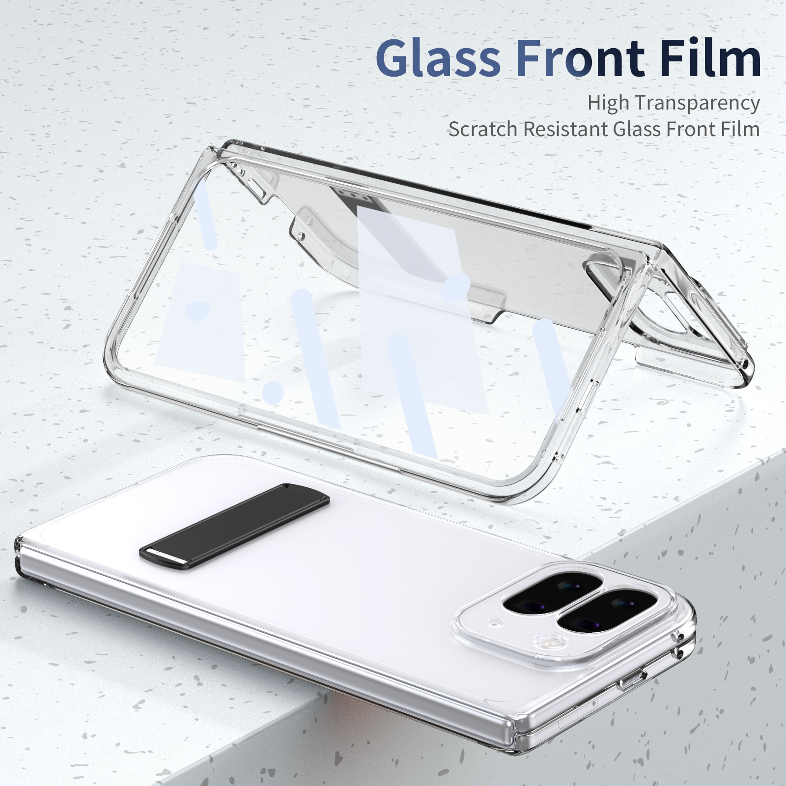 Transparent case, stand, screen protector, and drop protection for Google Pixel 10/9 Pro Fold phones.