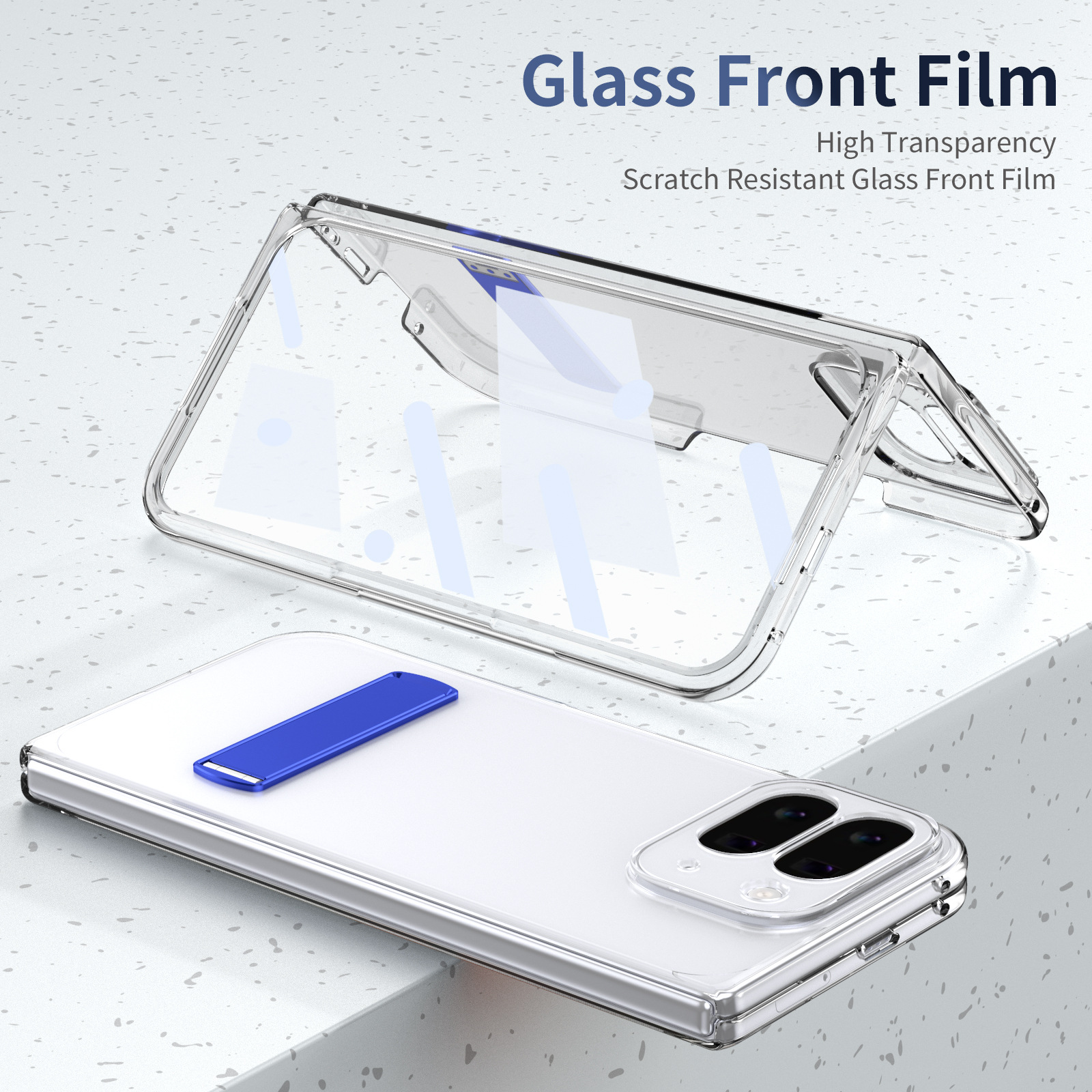 Transparent case, stand, screen protector, and drop protection for Google Pixel 10/9 Pro Fold phones.