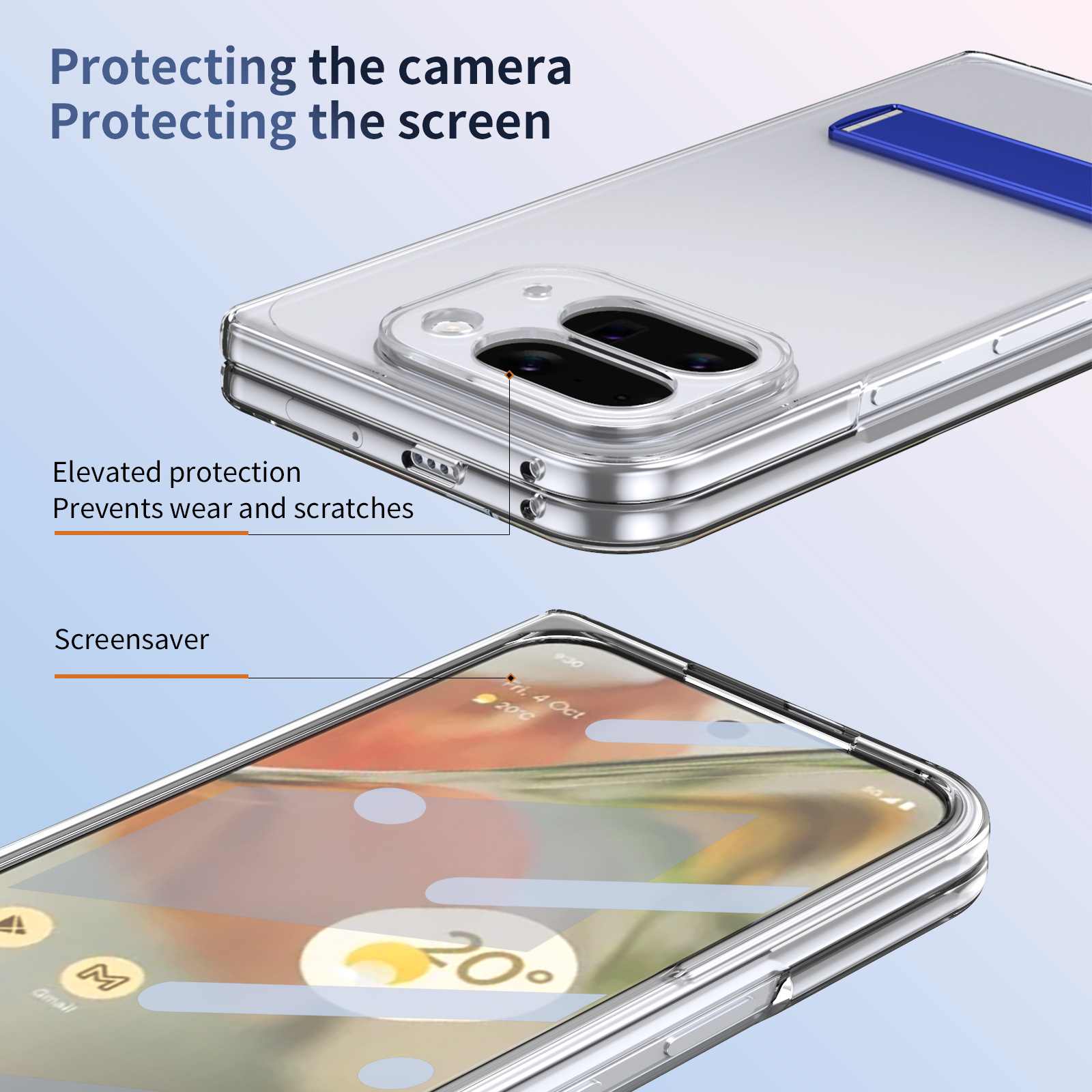 Transparent case, stand, screen protector, and drop protection for Google Pixel 10/9 Pro Fold phones.